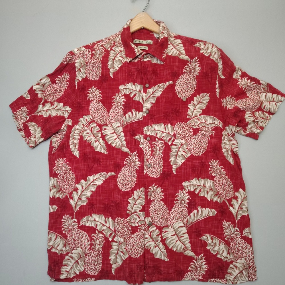Batik Bay Button Front Shirt Men XL Red Pineapple Tropical Leaf Print Rayon
